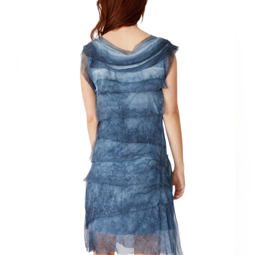 ITALIAN ELISA SILK DRESS WOMESLNS ONE SIZE 17IN PTP BLUE TIERED LAYED LINED KNEE - Picture 2 of 15